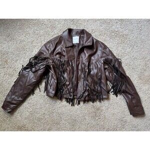 Khaki + Blue Women’s Brown Western Fringe Snap Front Lined Jacket Long Sleeve M